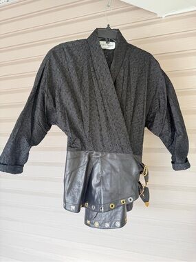 Vintage Karen Perry Leather Peplum Wrap Jacket Black Gold Buckles M/L